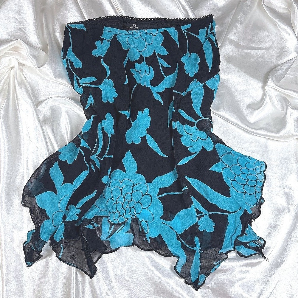 y2k Angie Skirt Black Blue Good Floral Handkerchief Hem Crochet Trim Midi